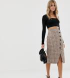 Miss Selfridge Midi Skirt With Popper Detail In Check-brown