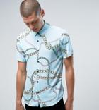 Reclaimed Vintage Inspired Shirt In Chain Print With Short Sleeves In Reg Fit - Blue