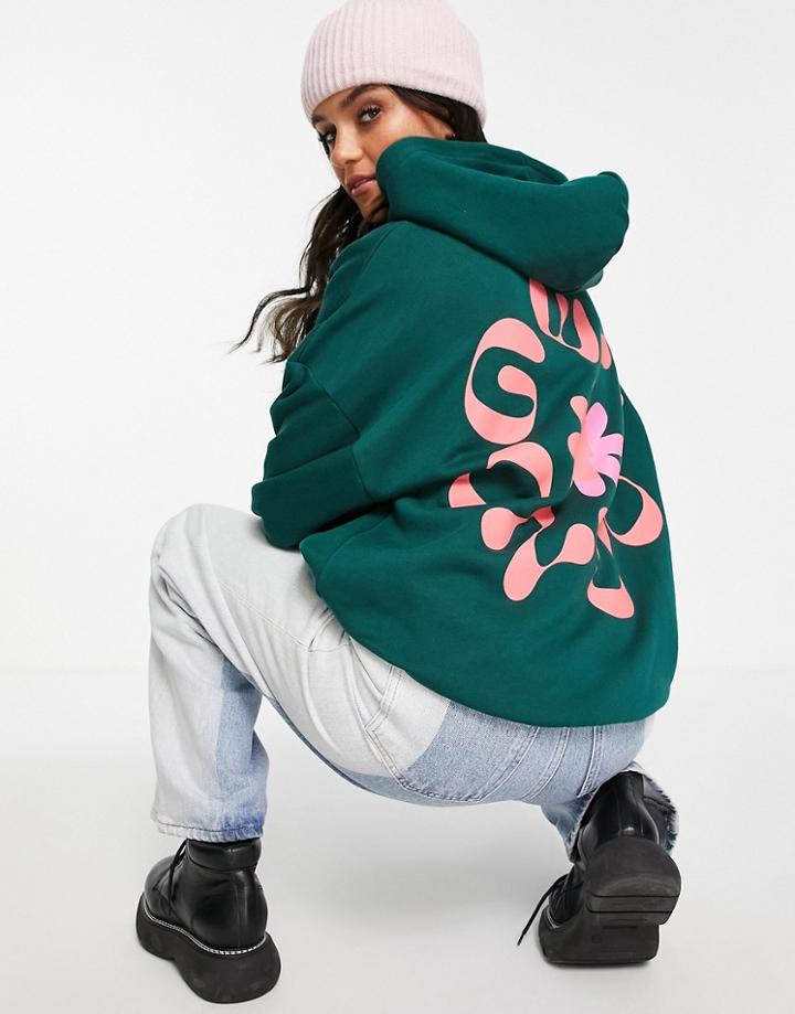 Pull & Bear Hoodie In Green With Contrast Floral