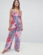 Asos Mixed Print Lace Up Beach Jumpsuit - Multi