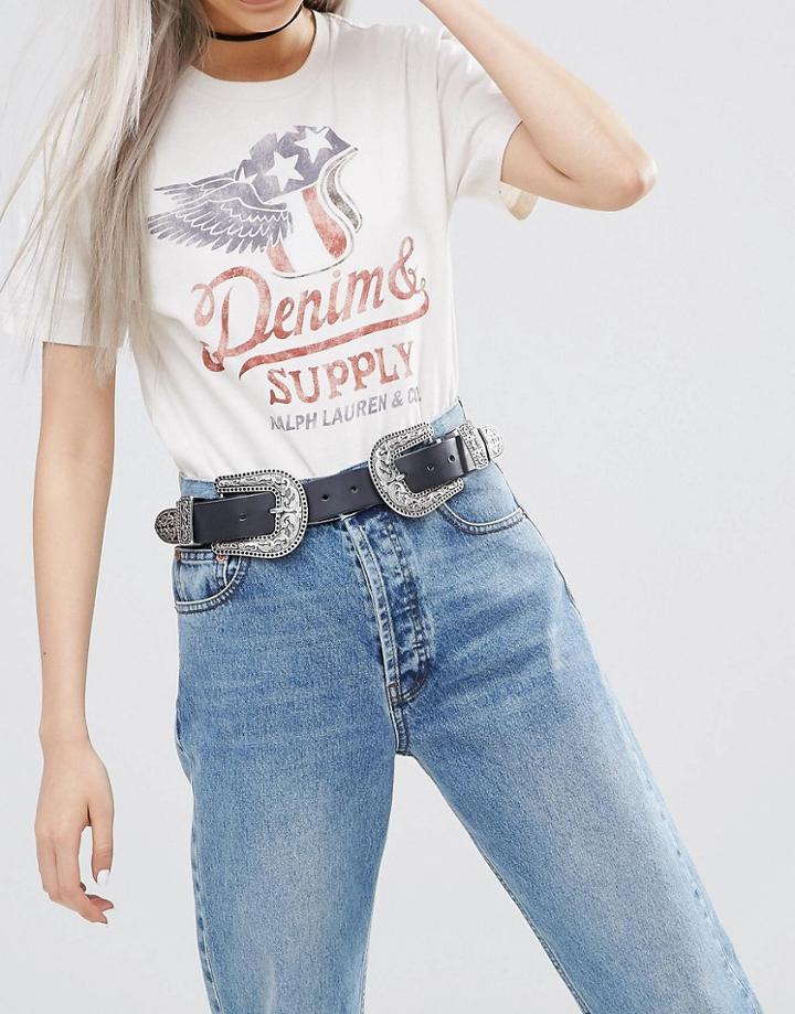 Asos Large Double Buckle Leather Western Waist And Hip Belt - Black