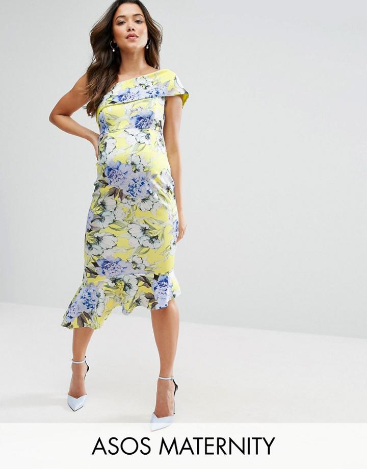 Asos Maternity One Shoulder Peplum Midi Dress In Print - Yellow