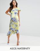 Asos Maternity One Shoulder Peplum Midi Dress In Print - Yellow