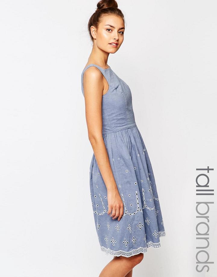 Vero Moda Tall Cutwork Chambray Skater Dress - Blue
