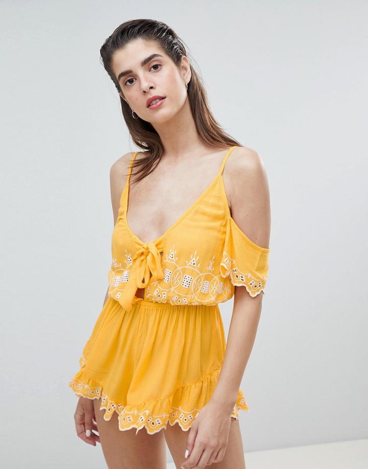 River Island Broidery Frill Beach Romper-yellow