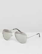 Asos Aviator Sunglasses In Silver With Silver Mirrored Lens - Silver