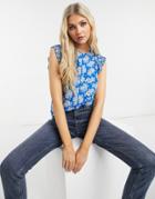 Oasis Floral Top With Pleat Detail In Multi Blue