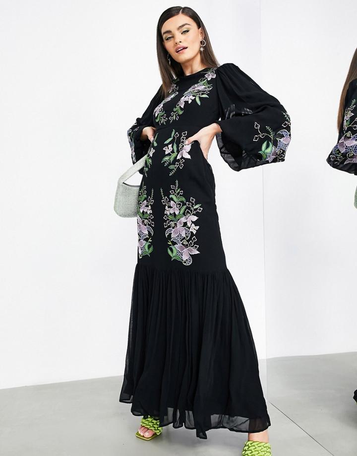 Asos Edition Floral Embroidered Tiered Maxi Dress In Black