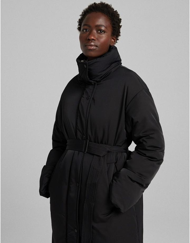 Bershka Belted Nylon Padded Coat In Black