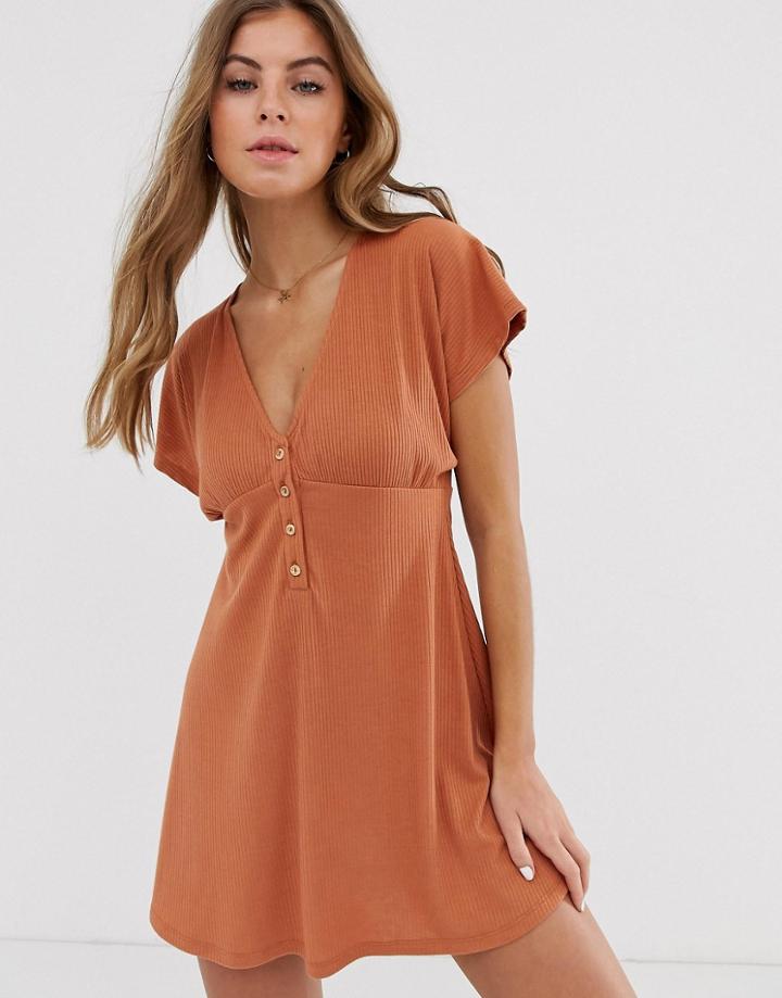 Pull & Bear V Neck Mini Dress In Peach - Orange