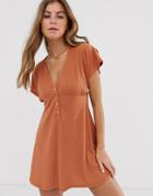 Pull & Bear V Neck Mini Dress In Peach - Orange