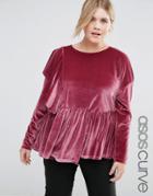 Asos Curve Top With Exaggerated Ruffle In Velvet - Pink