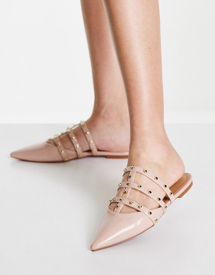 Asos Design Liquorish Studded Flat Mules In Beige Patent-neutral