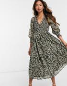 Asos Design Shirred Midi Dress In Ditsy Floral Print-multi