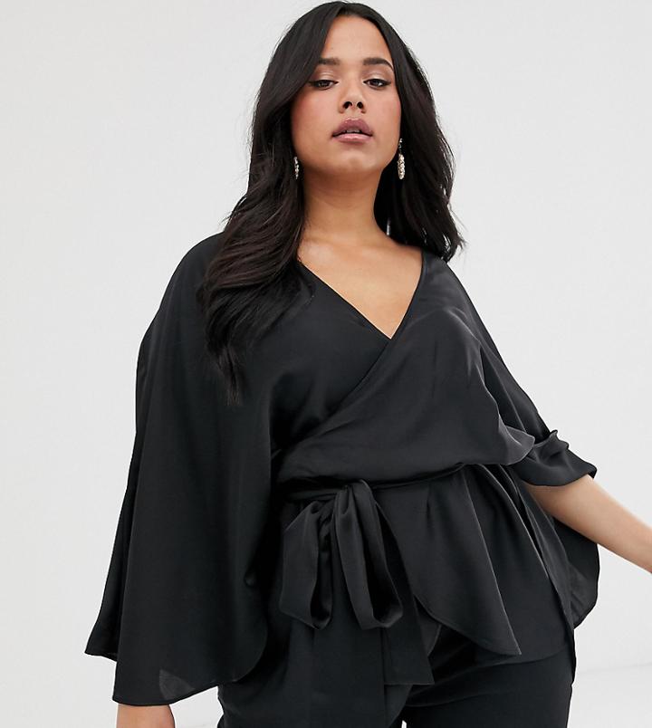 Asos Design Curve Satin Plunge Top With Kimono Sleeve And Tie Waist - Black