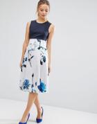 Closet London Skater Midi Dress With Floral Skirt - Blue