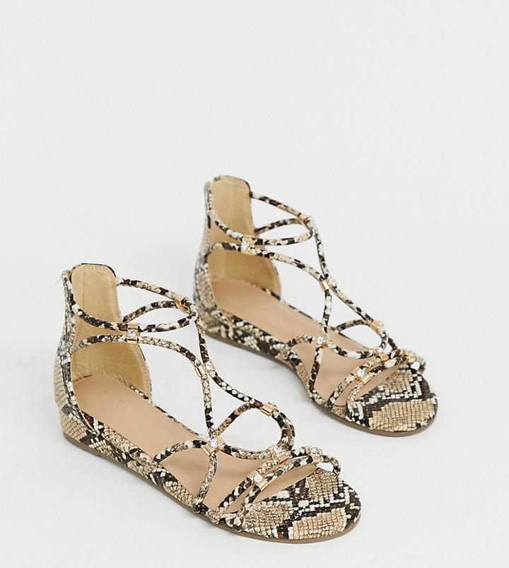 Simply Be Extra Wide Foot Flat Sandals With Cross Front Detail In Snake-multi