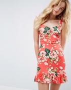Asos Mini Sundress With Lace Up Back And Peplum Hem In Red Floral - Multi
