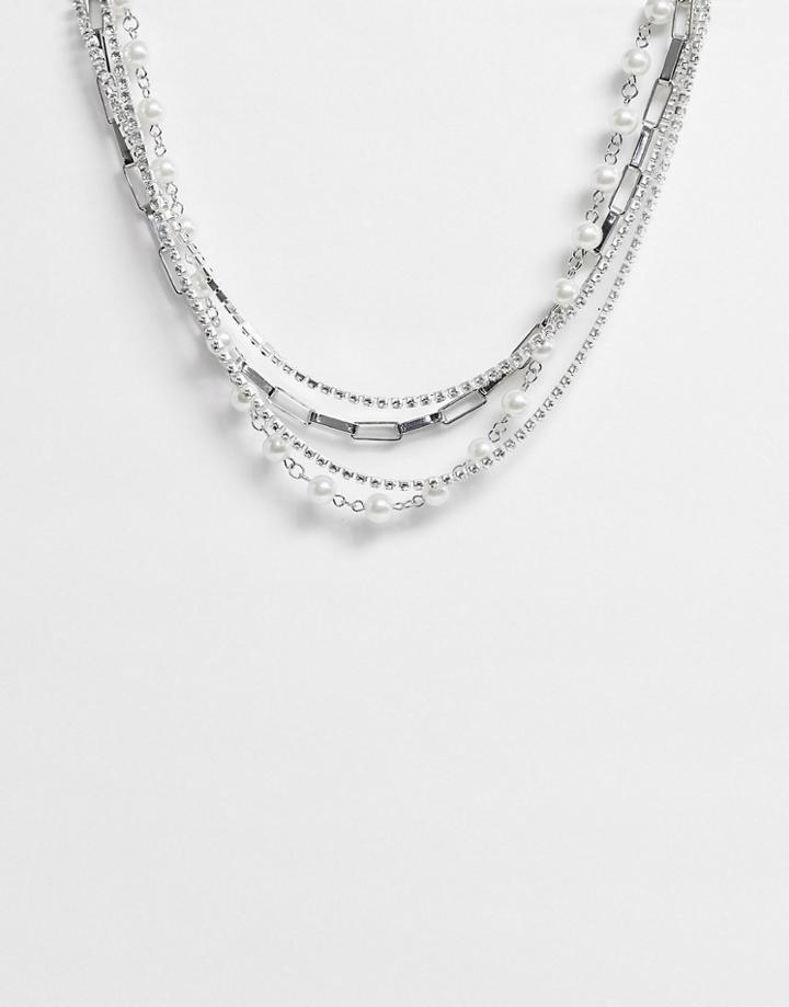Asos Edition Multi Layer Short Chunky Neckchain With Faux Pearl Detail-silver