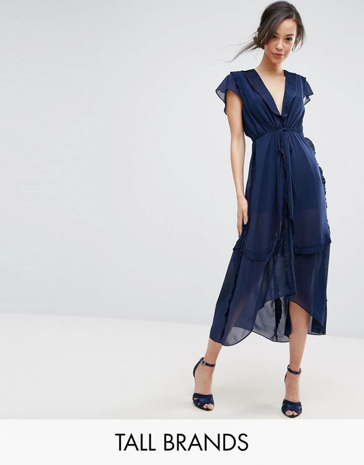 True Decadence Tall Flutter Sleeve Midi Dress With Frill Trim - Navy
