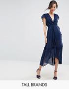 True Decadence Tall Flutter Sleeve Midi Dress With Frill Trim - Navy