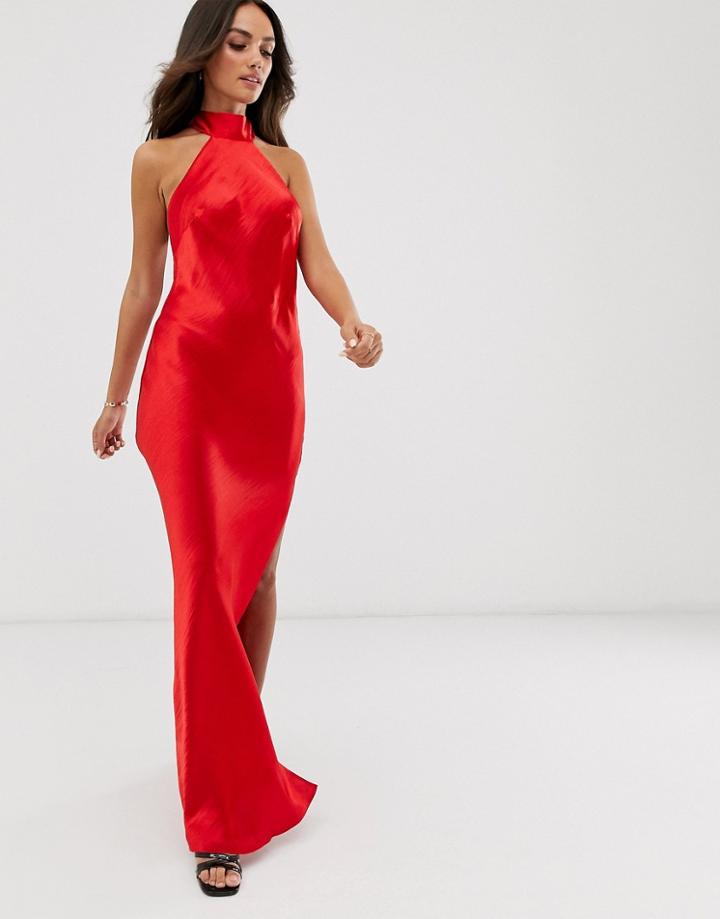 Asos Design Choker Maxi Dress In High Shine Satin-red