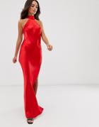 Asos Design Choker Maxi Dress In High Shine Satin-red