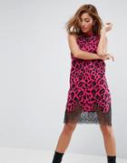 Asos Sleeveless T-shirt Dress With Lace Inserts In Pink Leopard Print - Pink