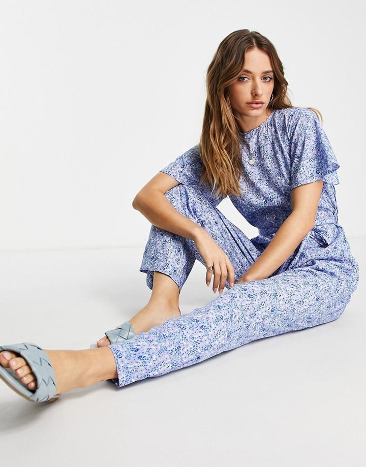 Vero Moda Tie Waist Wide Leg Jumpsuit In Blue Floral