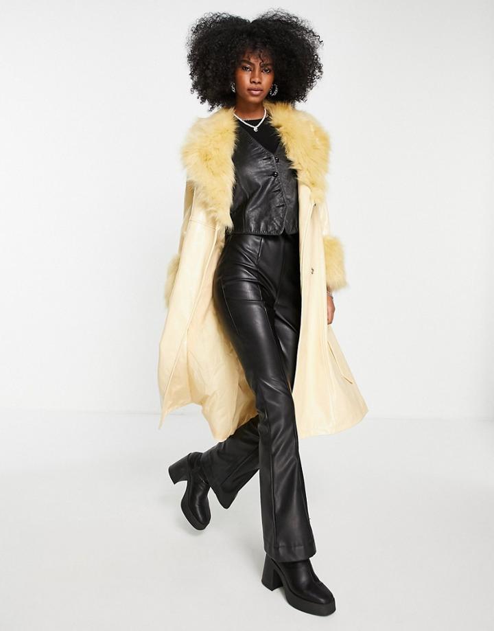 Topshop Pu And Faux Fur Trim Long Belted Coat In Buttermilk-neutral