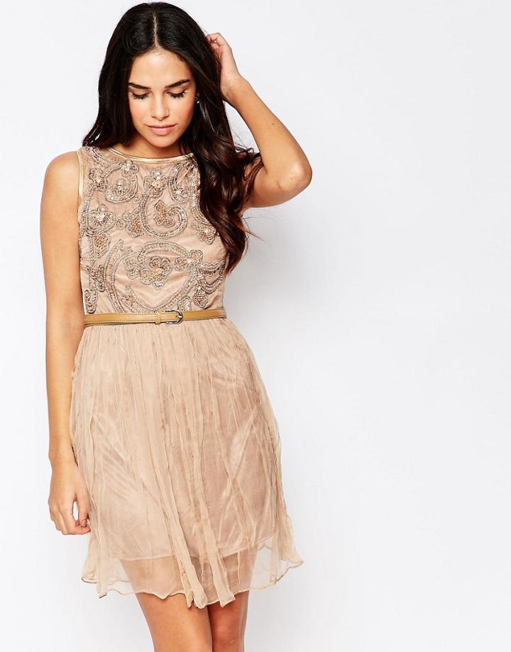 A Star Is Born Embellished Skater Dress - Nude