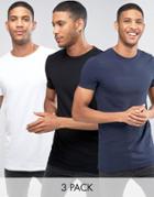 Asos 3 Pack Longline Muscle T-shirt In Black/white/navy - Multi
