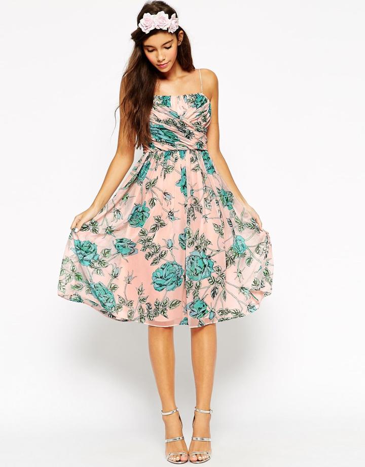 Asos Wedding Midi Dress With Ruched Wrap Front In Rose And Bud Print - Print