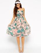 Asos Wedding Midi Dress With Ruched Wrap Front In Rose And Bud Print - Print