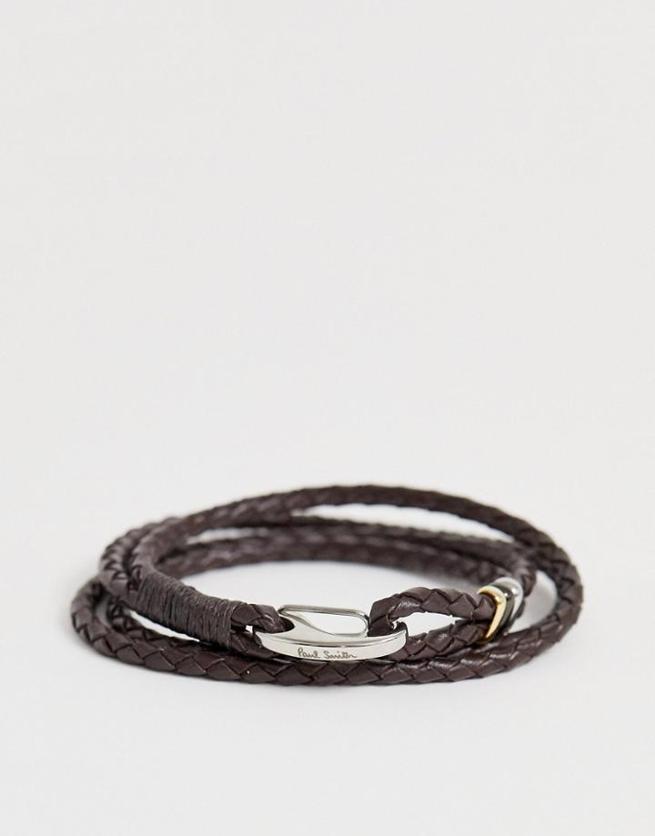 Paul Smith Leather Woven Wrap Around Bracelet In Brown