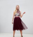 Lace & Beads Tulle Midi Skirt In Berry - Red