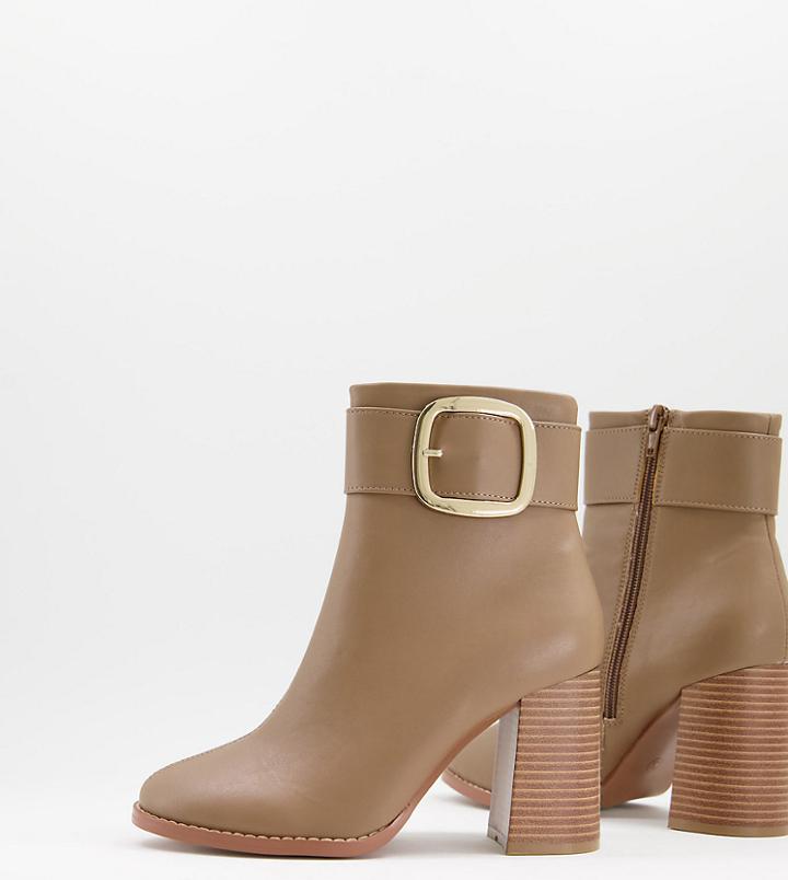 Asos Design Wide Fit Repeat Block Heel Buckle Boots In Taupe-neutral