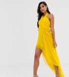 Asos Design Petite Midi Dress In Soft Chiffon Drape With Wrap Neck-yellow
