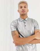 Asos Design Polo Shirt In Drapey Metallic In Silver - Silver