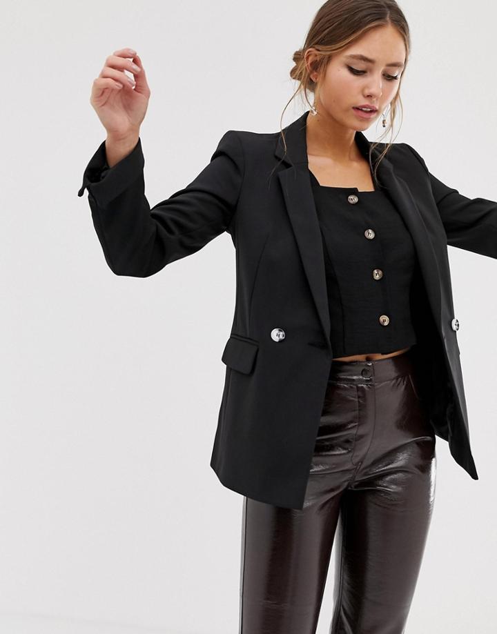 Miss Selfridge Double Breasted Blazer With Notch Sleeves In Black - Black