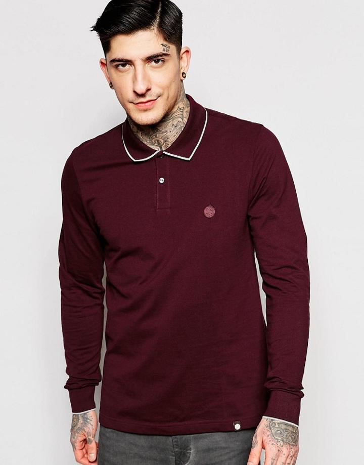 Pretty Green Polo In Pique With Long Sleeves In Burgundy - Burgundy