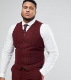 Asos Plus Wedding Super Skinny Suit Vest In Wine Herringbone - Red