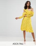 Asos Tall Cold Shoulder Ruffle Tea Dress In Dobby Ditsy Print - Yellow