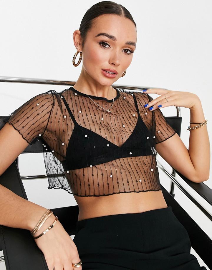 Lola May Mesh Crop Top With Crystals In Black