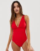 Asos Design 'sculpt Me' Control Twist Front Plunge Supportive Swimsuit In Red