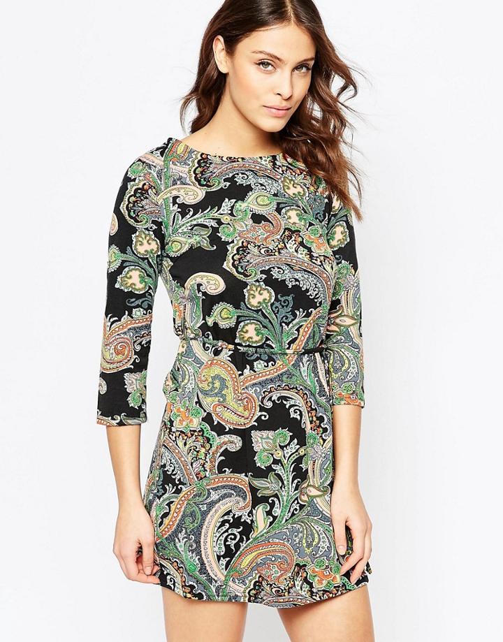 Qed London Tie Waist Printed Dress - Black