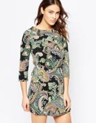 Qed London Tie Waist Printed Dress - Black
