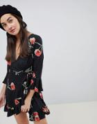Influence Floral And Polka Dot Frill Wrap Dress - Black