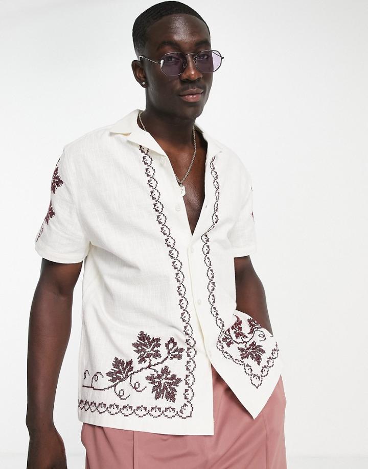 Asos Design Relaxed Revere Shirt With Embroidered Floral Border In Textured Cotton-neutral