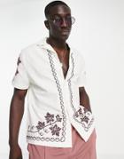 Asos Design Relaxed Revere Shirt With Embroidered Floral Border In Textured Cotton-neutral